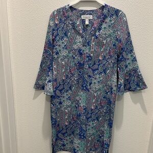 Coolibar UPF50+ Cannes Tunic Blue Paisley V-neck Dress flutter bell sleeves